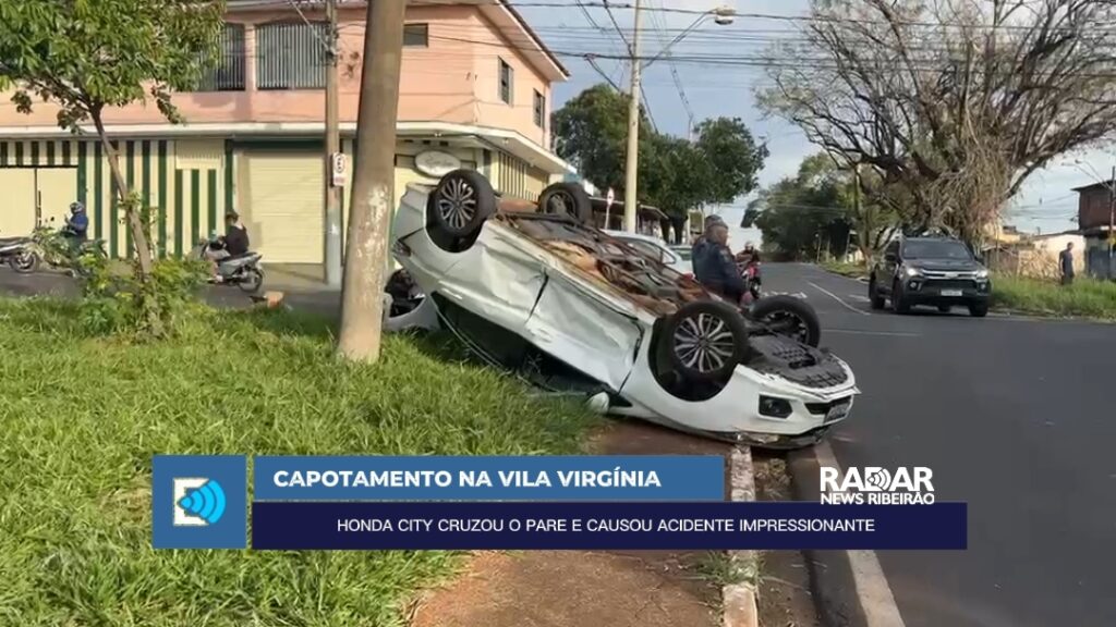 ACIDENTE IMPRESSIONANTE: CAPOTAMENTO NA VILA VIRGÍNIA APÓS DESRESPEITO A PLACA DE PARAR